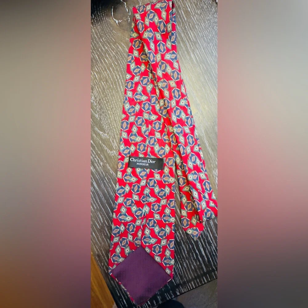 Christian Dior Monsieur Tie Mens Red Geometric Silk Made in USA Necktie Designer